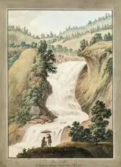 Andreas Nesselthaler, Waterfall at Lend with the artist in the front, 1800, gouache on paper