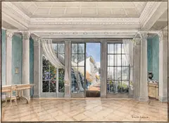 Thomas Ender, Interior with gardenview (probably Villa Hügel in Vienna), watercolour on paper