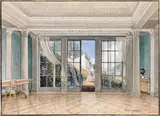 Thomas Ender, Interior with gardenview (probably Villa Hügel in Vienna), watercolour on paper