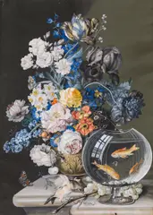 Leopold Zinnögger, Flower still life with fish bowl, gouache on paper