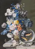 Leopold Zinnögger, Flower still life with fish bowl