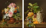 Josef Schuster, Still life with fruits and a silver tankard & Still life with flowers and a coconut goblet (counterparts), 1848, oil on cardboard