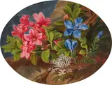 Andreas Lach, Alpine rose and gentian, oil on cardboard
