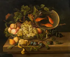Georg Seitz, Fruit still life with fish bowl, oil on canvas