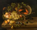 Georg Seitz, Fruit still life with fish bowl, oil on canvas