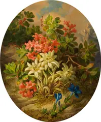 Josef Lauer, Edelweiss, alpine roses and gentian, oil on cardboard