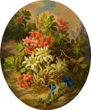 Josef Lauer, Edelweiss, alpine roses and gentian, oil on cardboard