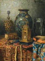 Max Schödl, Still life with grape cup, vase, clock and books, 1899, oil on panel