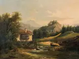 Anton Bayer, River landscape with mill and castle ruin, oil on canvas