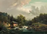 Anton Bayer, River landscape with mill, oil on canvas