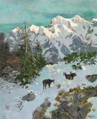 Josef Schmitzberger, Mountain landscape in winter with chamois, oil on canvas