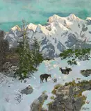 Josef Schmitzberger, Mountain landscape in winter with chamois, oil on canvas