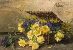 Marie Egner, Tea roses and violets, c. 1879, oil on panel