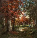 Adolf Kaufmann, In the forest of Fontainebleau, oil on panel