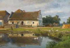 Hugo Darnaut, Farm with pond and ducks, oil on cardboard