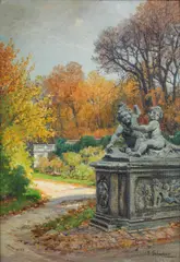 Therese Schachner, Gropu of children - Schwarzenbergpark, Vienna, oil on cardboard