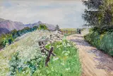 Marie Arnsburg, Path in a mountain landscape in summer, gouache on paper