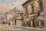 Karl Wenzel Zajicek, Old-Viennese street scene ("Franz Rott Gasthaus zum St. Florian"), watercolour on paper