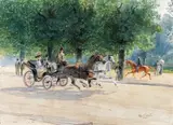 Moritz Ledeli, Carriage ride in the Prater, Vienna, watercolour on paper