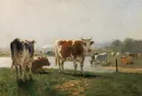 Otto von Thoren, Cows at the watering place, oil on canvas
