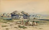 August Xaver Karl Ritter v. Pettenkofen, Gypsies preparing their meal in front of a cottage ("Zigeuner, vor ihren Hütten ihr Mahl zubereitend")