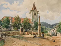 Ladislaus Eugen Petrovits, Church square of Rossatz in the Wachau, watercolour on paper