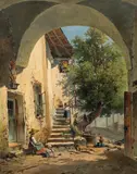 Anton Altmann, Mother with children in front of a house in Mödling, 1868, oil on canvas