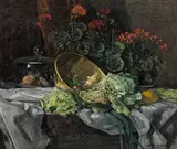 Josef Stoitzner, Still life with geraniums, vegetables and cheese cover, 1921, oil on canvas