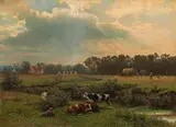 Albert Arnz, Harvest landscape with grazing cattle, 1860, oil on canvas