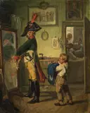 Franz Schams Attributed to, Grenadier at the tailor, oil on canvas on wood