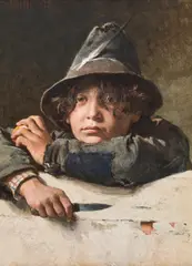 Portrait of a boy wearing a hat by Johann Ludwig Passini, 1875, watercolour on paper, sold Apr 2019