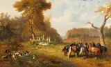 Alexander von Bensa, Succsessful stag hunt, oil on panel