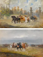 Alexander von Bensa, mixed lot 2 pcs.: carriage drive, deployment of military forces in front of Pressburg, Oil on panel