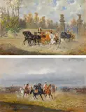 Alexander von Bensa, mixed lot 2 pcs.: carriage drive, deployment of military forces in front of Pressburg, Oil on panel