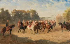 Alexander von Bensa, Equestrian parade in front of a castle, Oil on panel