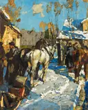 Alessio (Aleksander) Issupoff, Travellers and a horse-drawn sleigh in front of the tavern, Oil on chipboard