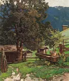 Josef Stoitzner, Landscape with well, c. 1945, Oil on cardboard