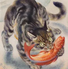 Norbertine Bresslern-Roth, Fischende Katze, 1962, oil on jute
