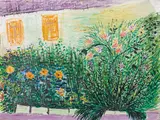 Leopold Birstinger, Flowers along a house wall, 1958, oil on canvas