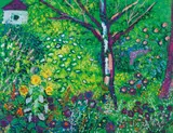 Leopold Birstinger, Flower garden with a blue house, oil on hardboard