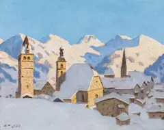 Alfons Walde, Kitzbühel in winter time, 1925, oil tempera on paper on cardboard