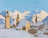 Alfons Walde, Kitzbühel in winter time, 1925, oil tempera on paper on cardboard
