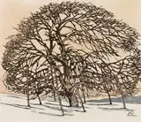 Josef Stoitzner, Tree in winter time, woodcut on paper, coloured