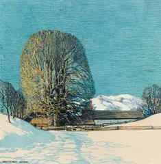 Josef Stoitzner, Winter time in Pinzgau, c. 1929, mixed media on paper