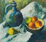 Karl Stark, Still life with fruit bowl and jug, 1987, oil on chipboard panel
