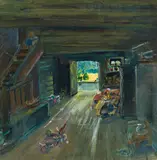 Oskar Laske, Diele beim Friedbauer in der Schladminger Ramsau, 1949, gouache, pastel, graphite on paper