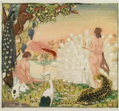 Carl Moser, Paradise, colour woodcut on thin Japan paper