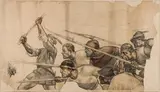 Arthur Brusenbauch, Peasant war, black and brown chalk, wash on paper on canvas, unframed