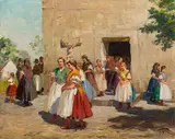 Gyula Gyertyany Nemeth, After church, oil on canvas on cardboard