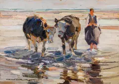 Demeter Koko, Maiden with cows, oil on cardboard, unframed